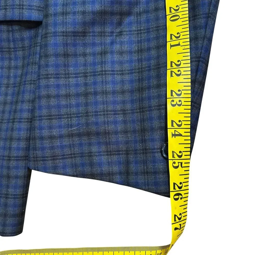 Peter Millar Men's Size 44R Navy Blue Windowpane Plaid Wool Blazer Suit Jacket